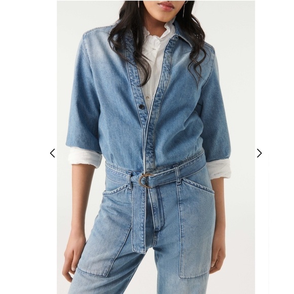 NWT BA&SH Frida Denim Jean Belted Collared Patch Pocket Jumpsuit Size Large - Picture 3 of 15